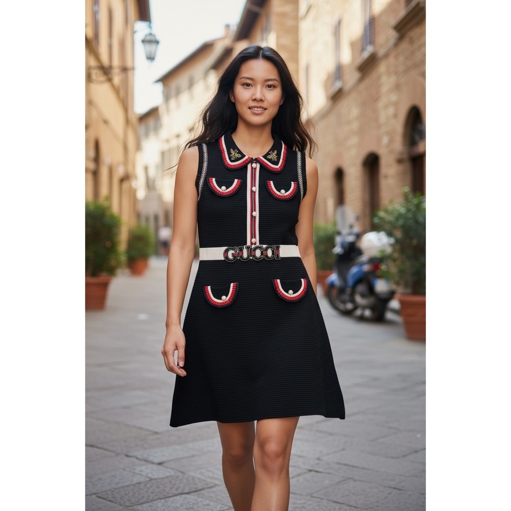 Gucci Like Black Ribbed Knit Sleeveless Dress Web Stripe Bee Logo Pearl 32in